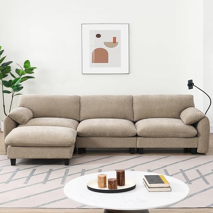 108 Modular Sectional Sofa L-Shape Upholstered Couch with Free Movement Ottoman Phone Holder and 2 Side Storage Pockets 31.5 Extra-Wide Seat Cushion Striped Chenille (Light Khaki+Beige/511)