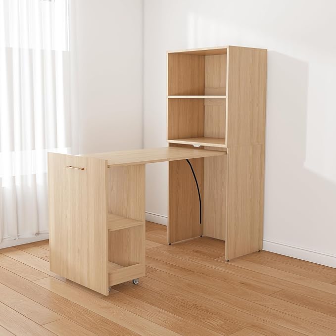 LUMISOL Multi-Function Folding Out Desk with Storage Shelves for Home &amp Office Hidden Desks with Mobile Wheels Pull Out Home Office Desk for Small Spaces Natural Wood