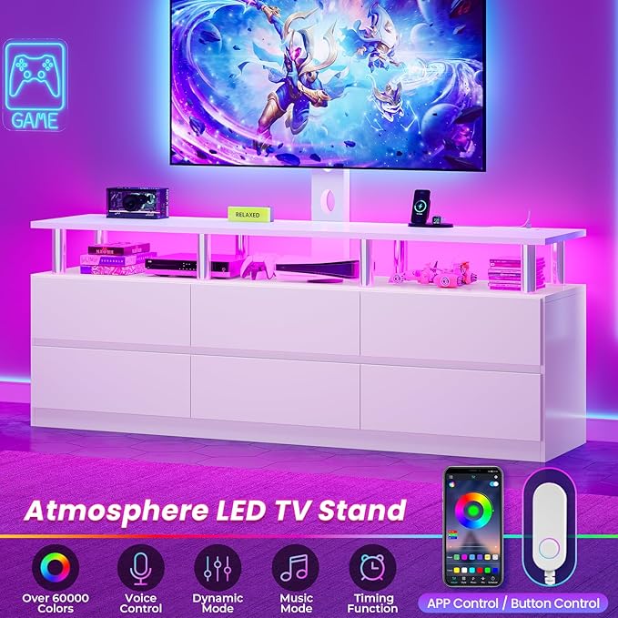 ADORNEVE TV Stand with Mount and Power Outlet TV Mount for 32/45/55/60/65/70 inch TVs Modern LED TV Stand with 6 DrawersWhite Entertainment Center for Living RoomBedroom