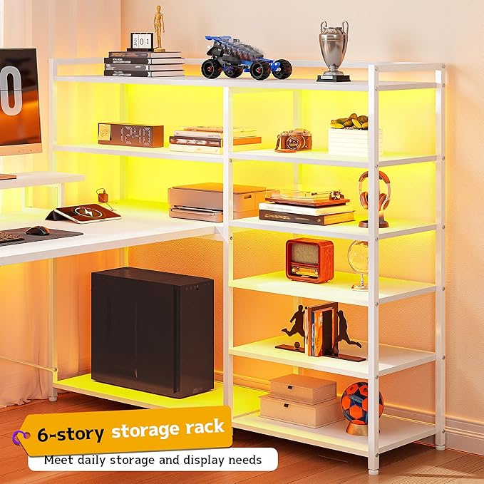 Computer Desk with 6 Storage Shelves &amp 2 Fabric Drawers63'' L Shaped Gaming Desk with Power Outlet &amp LED Strip Reversible Office Desk with Monitor Stand White