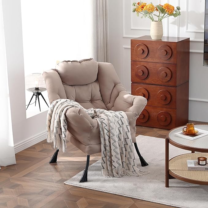 Welnow Lazy Chair for Living Room Modern Reading Accent Chair with Armrests and a Side Pocket Leisure Upholstered Lazy Sofa for Small Space Bedroom Dorm Khaki