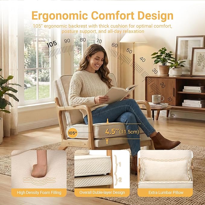 Modern Accent Chair Mid Century Wooden Upholstered Armchair with Lumbar Pillow &amp Removable Soft Cushion Reading Chair for Living Room Bedroom BalconyCoffee(Beige/Blue/Green/Grey)