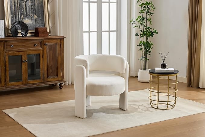 GDFStudio 30 Modern Accent Chair Upgrade Leisure Boucle Upholstered Armchair with Curved Arms and Waist Pillow Comfy Single Sofa Chair for Living Room Bedroom Office Apartment Ancient White