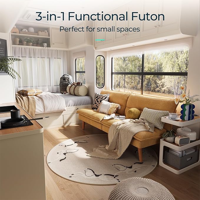 LINSY Futon Sofa Bed - 71 Inch Corduroy Futon Couch with Adjustable Backrest Convertible Folding Futons Sofa Couches for Small Spaces Living Rooms Apartment Office (Yellow)