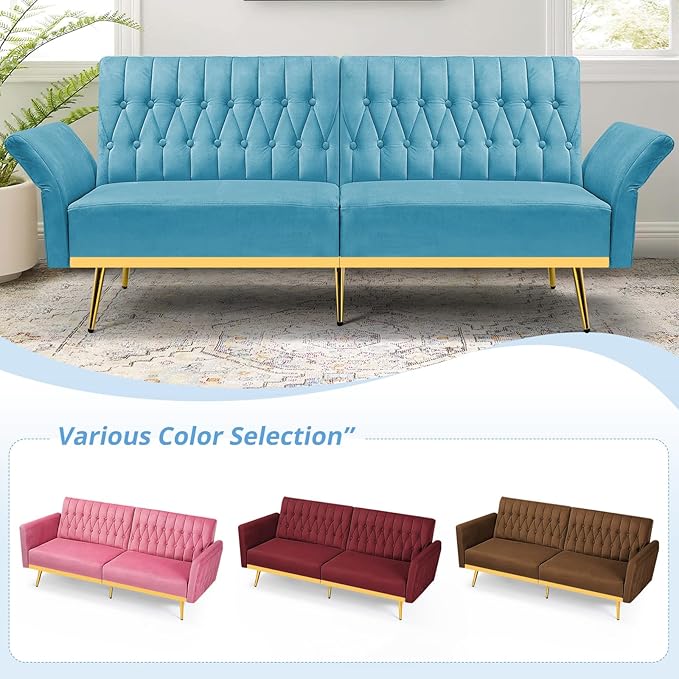 70” Velvet Futon Sofa Bed with 2 Pillows and Adjustable Armrests Convertible Sleeper Bed W/Adjustable Backrests Modern Loveseat for Living Room Bedroom Baby Blue