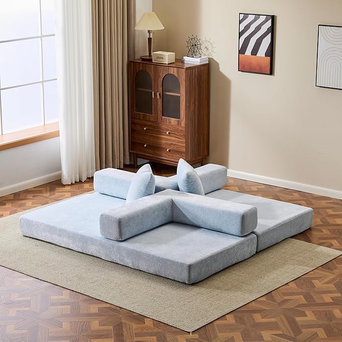 Folding Convertible Sofa Bed 4-in-1 Boneless Couch Sleeper Sofa 76.8'' Chenille Foldable Mattress Couch with Fixed-Shape Frame Floor Sofas Modular Futon Couches for Living Room Light Blue