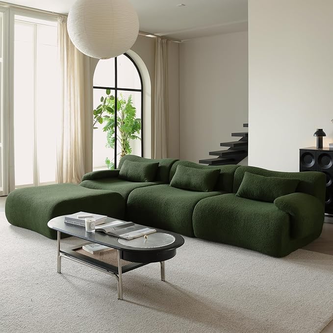 115 Modular Sectional Sofa Deep Seat Teedy Boucle Boneless L-Shaped Sofa Modern Oversized Cloud Couch Sectional for Living Room Apartment No Assembly Memory Foam Throw Pillows Green