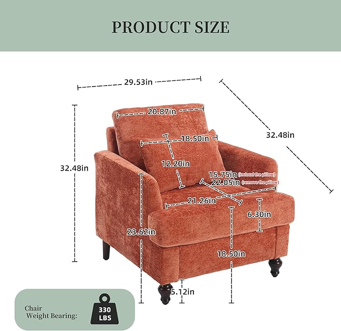 Modern Accent Chair Living Room Upholstered Chenille Armchair with Waist Pillow Single Sofa for Living Room Bedroom Office Orange