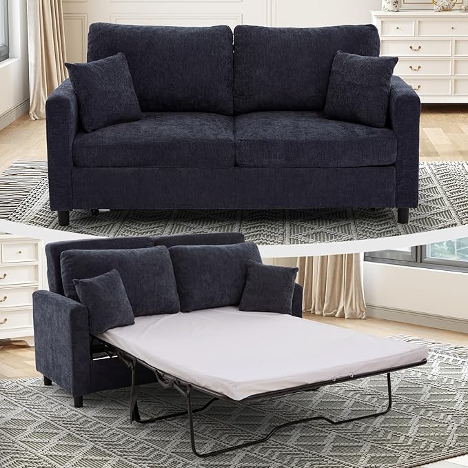 Antetek 72-inch Pull Out Sofa Bed with Mattress Convertible 2-in-1 Folding Full Size Chenille Futon Comfy Loveseat Sleeper Sofa Couch Bed with Square Arms for Guest Room Living Room Bedroom Grey