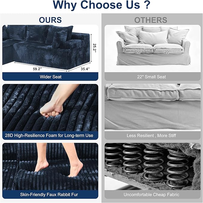 Redlife 95 L-Shaped Modular Sectional Sofa Faux Rabbit Fur Modular Floor Couch with Chaise High-Density 30D Foam Sponge No Assembly Required 5 Pillows Compressed for Living Room (Blue)
