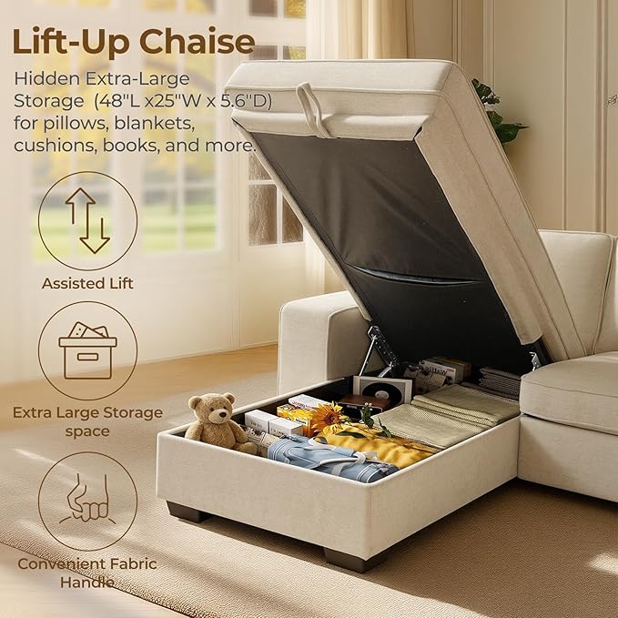 99 Sectional Sleeper Sofa Couch Chenille Convertible Chaise 3 Seats L-Shaped Sofa with 110L Storage Deep SeatWide Armrest USB Type-C ChargingRemovable Covers for Living Room Apartments Beige