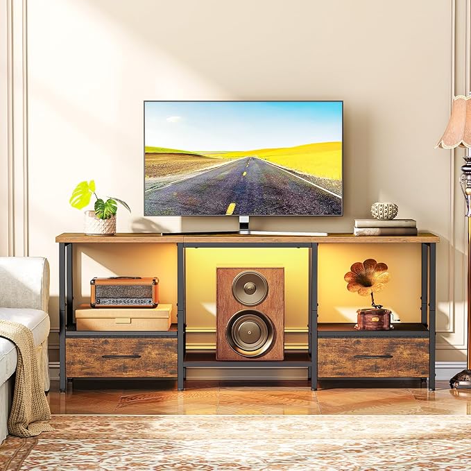HOOBRO LED TV Stand with Storage LED Entertainment Center with Open Shelves and Drawer Fits TVs up to 55 Television Stand for Living Room Bedroom Rustic Brown and Black BF123DDS01G1