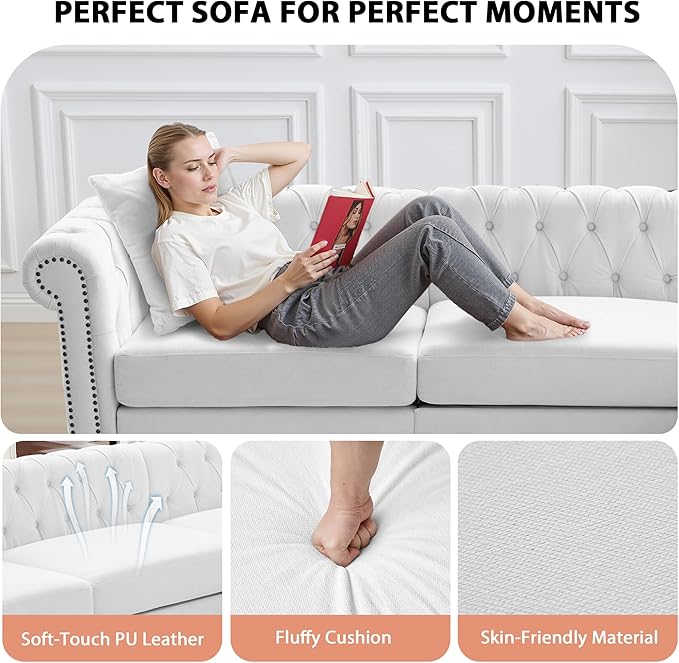 AVZEAR Chesterfield Modular Sectional Sofa Comfy Linen Fabric Couch Sectional with 2 Pillows Modern Upholstered Couches Living Room Furniture Sets for Living Room Bedroom and Apartment White