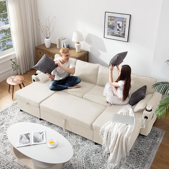 DURASPACE Sofa Bed Sleeper Sofa Pull Out Couch with Double Storage Chaise Sectional for Living Room U Shaped Couch with Removable Covers (Beige)