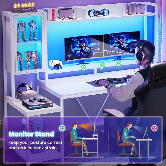 SEDETA White Gaming Desk 60'' Gaming Desk with Hutch and LED Lights Computer Desk with Storage Shelves Large PC Gamer Desk with Display Cabinet Monitor Stand Power Outlet for Home Office