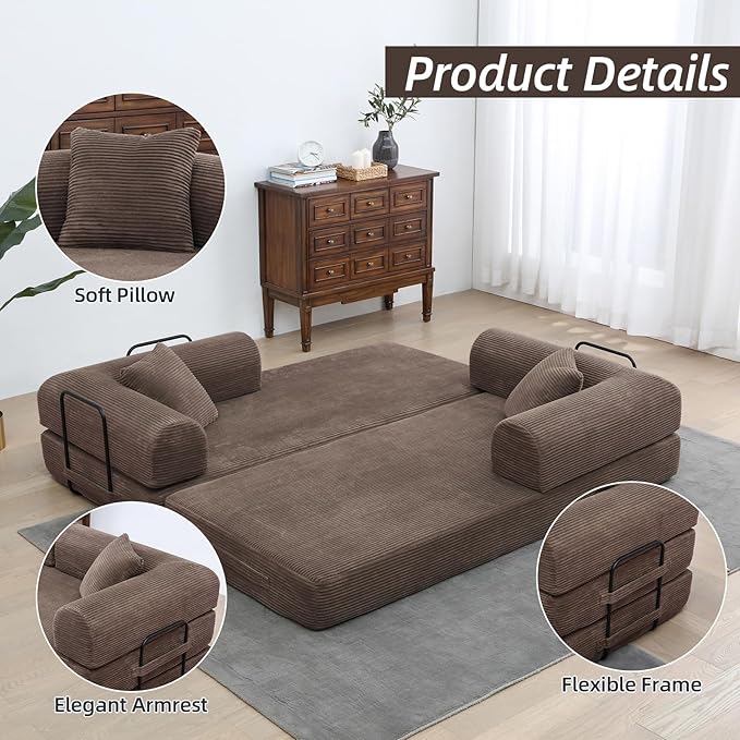 Convertible Folding Sofa BedFold Out Floor Sofa Couch with Fixed-Shape FrameCorduroy Foldable Mattress Cloud Couch for Living Room Bedroom (Brown 78 Inch)