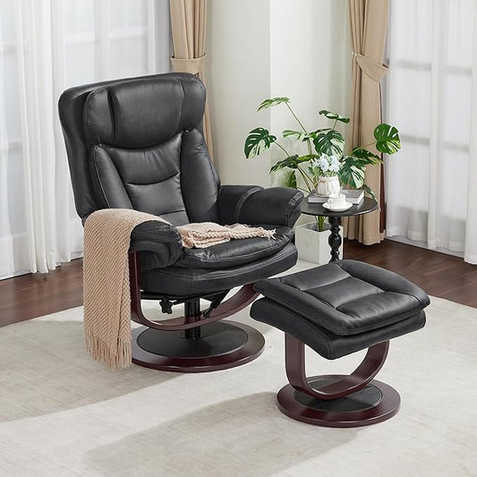 MCombo Oversized Swivel Recliner Chair with Ottoman Adjustable Backrest 360° Wood Base High Seat Faux Leather Lounge Chair for Tall Users in Living Room Bedroom or Office 4651 (Dark Grey)
