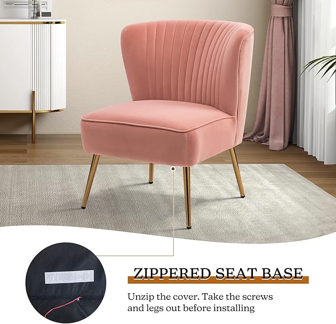 TINA'S HOME Monica Velvet Armless Side Chair Set of 2 Upholstered Accent Chair Comfy Living Room Chair with Golden Legs Wingback Mid Century Slipper Chair for Bedroom Guest Room- Blush Pink