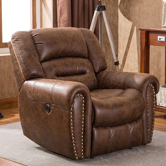 ANJ Electric Power Recliner Set of 2 Breathable Bonded Leather Reclining Chair Classic Home Theater Recliners Seating W/USB Port Electric Recliner Chairs for Living Room (Nut Brown)