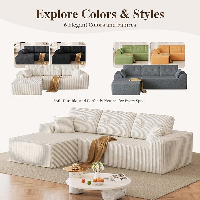 Ball &amp Cast 106 Boneless Sectional Sofa Corduroy Modular L Shaped Couch with Deep Seat Chaise Cloud Style Oversized Sectional Couch for Living Room No Assembly Left Facing Beige