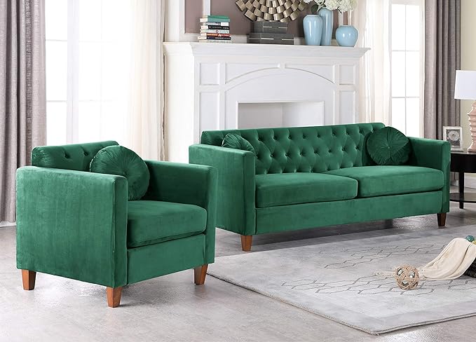 Persaud Living Room Chair with Classic Chesterfield Velvet Upholstery Ideal for Home Apartment and Office Chair Lush Green
