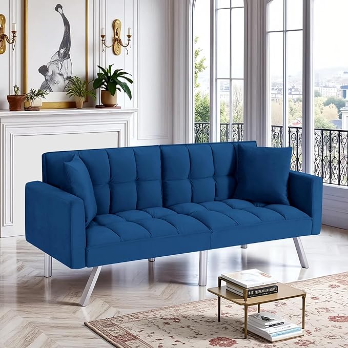 78 Modern Sofa Bed FutonConvertible Sleeper Bed Couch with 4 Reclining BackrestComfy Velvet Cloud Sofa Loveseat for Living Room Bedroom Office (Navy)