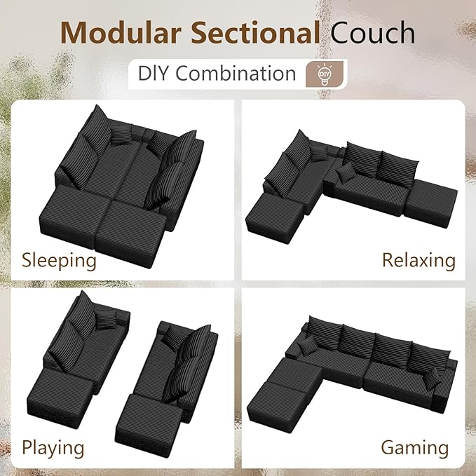 140 Sectional Cloud Couch for Living Room Modular Floor Sofa with Corduroy No Assembly Required Big Comfy Couches Set with Fluffy Memory Foam Stupendous U Shaped Sofas Black