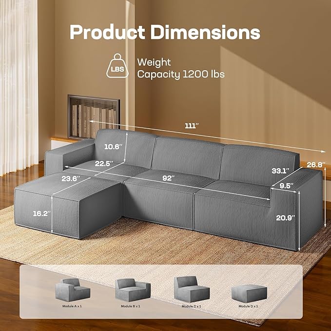 Marsail Modular Sectional Sofa 111 L-Shaped Modular Sectional Couch with Deep Seat Freely Combinable Sectional Cloud Sofa for Living Room No Assembly Plush Corduroy Fabric Grey