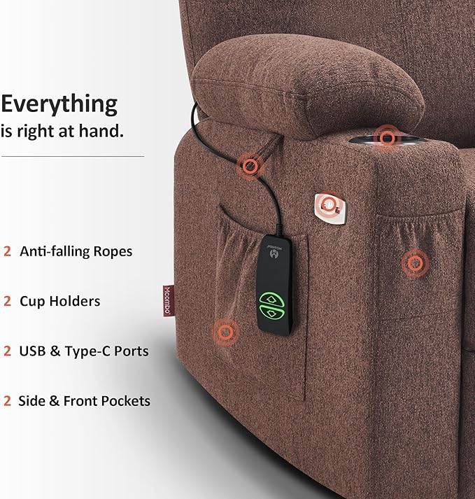 MCombo Power Lift Recliner Chair for Elderly Lift Chair with Heat and Massage FSC Certified USB&ampType C Ports Cup Holders Fabric 7040 (MediumCoffee)