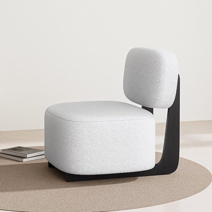 BELLEZE Modern Sherpa Accent Chair with Rubber Wood Base Upholstered Bouclé Soft Chair Low-Profile Single Sofa Chair with Flat Backrest Cozy Living Room or Bedroom Chair White