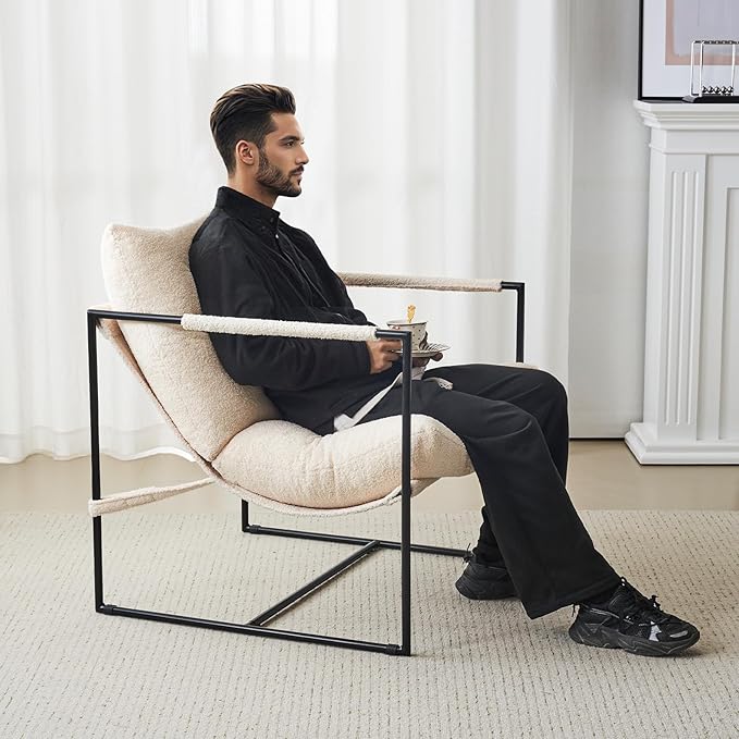 Furnilivng Large Sling Accent Chair Comfortable Boucle Fabric Arm Chair Upholstered Cozy Reading Chair for Living Room Bedroom Dressing Room Home Office White