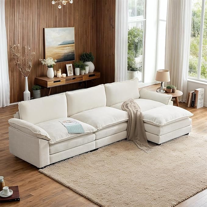 VINGLI 122 Cloud Double-Layer Deep Convertible Sectional Sofa Comfy L-Shape 3-Seat Couches for Living Room Modern Couch with Movable Ottoman for Living RoomChenilleCream