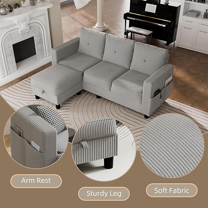 Nuturelly Sectional Sofa Couch Convertible L Shaped Sofas with Storage Ottoman Small Sectional Couches for Living Room 3 Seater Couch with Linen Fabric for Small Spaces Light Gray