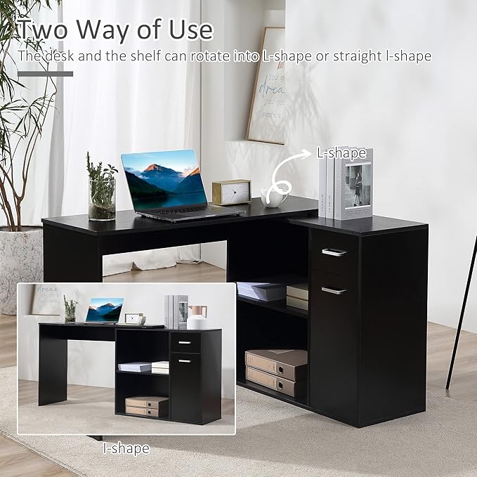 L Shaped Computer Desk 180° Rotating Corner Desk with Storage Shelves Drawer and Cabinet Study Workstation for Home Office Black