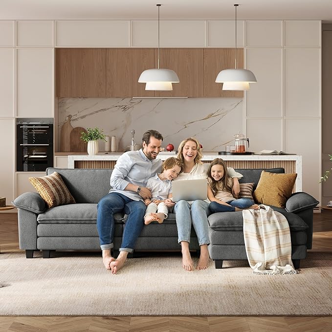 LINSY HOME 157'' Modular Sectional Sofa Grey Couch Corduroy Cloud Couches for Living Room U Shaped Couch with Movable Ottoman Modern Cloud Sectional Sofas for Bedroom and Apartment Grey