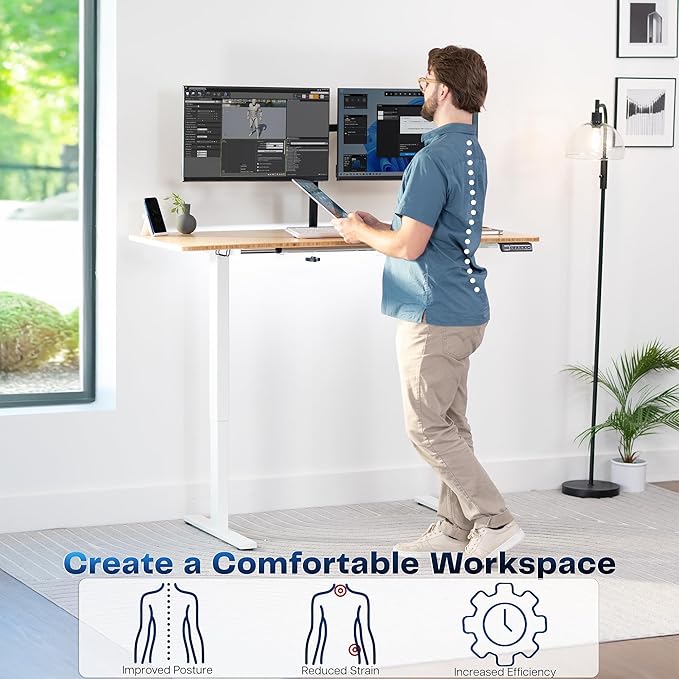 VIVO Electric 60 x 24 in Real Bamboo Standing Desk Memory Height Adjustment 1B Series Holds 220 lbs One-Piece Top White Frame DESK-KIT-1W6O