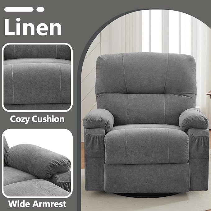 Oversized Recliner Chairs for AdultsSwivel Rocking Chair Recliner with Wide Arms&amp Backrest Fabric Reclining Chair with Pockets Lazy Boy Recliners for Living Room Bedroom (Grey)