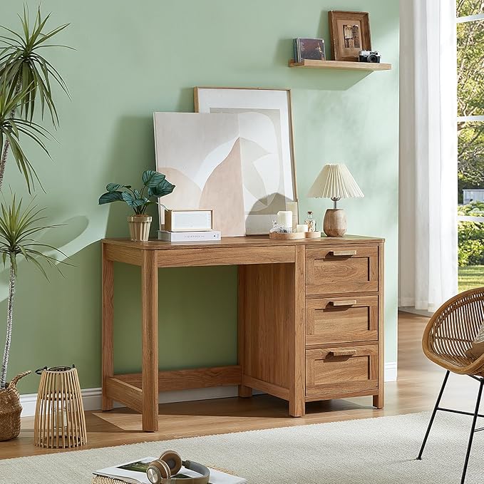 Office Desk 48 with 3 Drawers Storage File Cabinet Wood Farmhouse Desk for Computer Office Bedroom Home Furniture Brown
