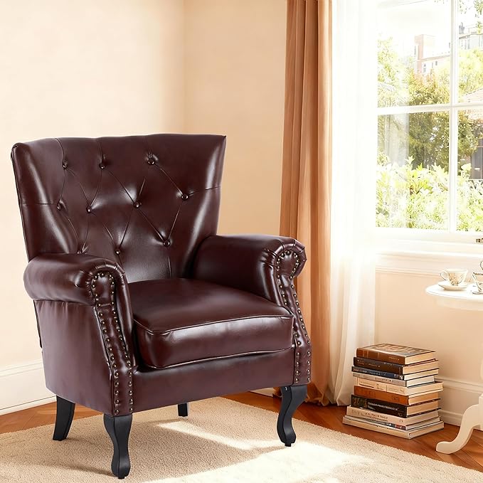 Modern Faux Leather Accent Chair Upholstered Mid-Century Armchair with Solid Wood Legs Single Sofa Chair for Living Room Bedroom or Reading Room（Reddish Brown）