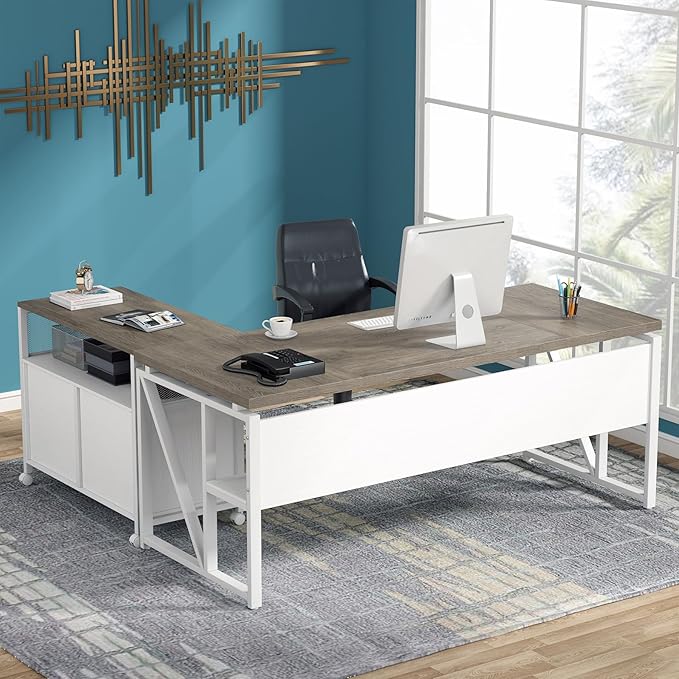 Tribesigns L-Shaped Executive Desk with Reversible File Cabinet 63 Large Office Desk with Drawers and Storage Shelves Business Furniture Workstation for Home Office (Oak Grey)