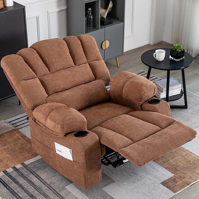 Oversized Power Lift Rocker Recliner Chair with Massage Heat for Elderly Adults Ergonomic Rocking Lounge Sofa Chair for Living Room Comfy Overstuffed Recliner with Side Pockets Cup Holders (Brown)