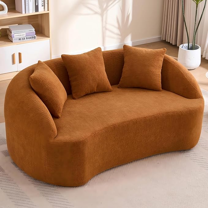 65” Beige Curved Couch&amp Loveseat Sofa with 3 Pillows Compression Couch with Round Armrest Suitable for Small Space Bedroom Living Room Memory Foam Chenille No Assembly (Upgraded Orange)