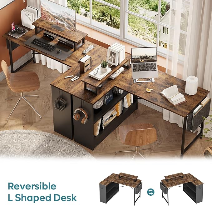 Bestier Small L Shaped Desk with LED Lights 42 Reversible Computer Desk with Open Storage Cabinet &amp Monitor Stand Corner Desk with Side Storage Bag for Home Office Bedroom Rustic Brown