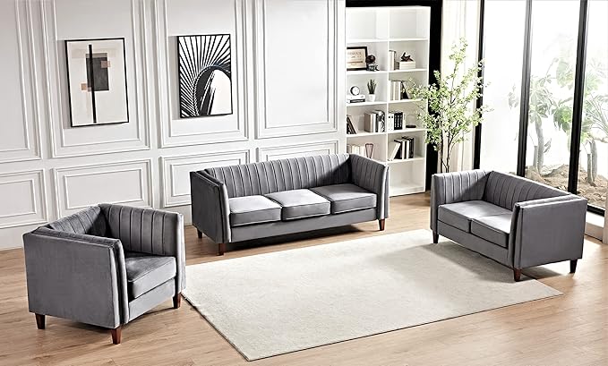 Container Furniture Modern Luxury Velvet Chair for Living Room with High Density Foam Soft Fabric Upholstery Removable Cushions and Solid Wood Legs 36.6'' Wide Armchair Grey