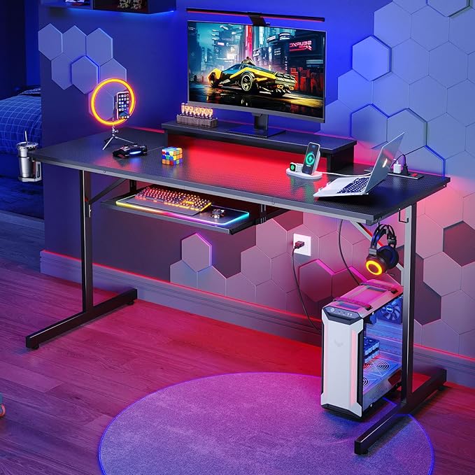 Bestier 63 Inch Gaming Desk with Power Outlets &amp LED Lights Large Computer Desk with Monitor Stand &amp Keyboard Tray Home Office Table with Cup Holder &amp Headset Hook Carbon Fiber Black