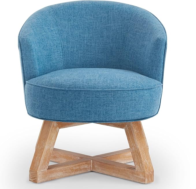 GDFStudio Swivel Barrel Chair Modern Accent Arm Chair Upholstered Linen Round Reading Armchair 360° Swivel Chair with Cross-Shaped Solid Wood Base for Bedroom Office Living Room Lighe Blue