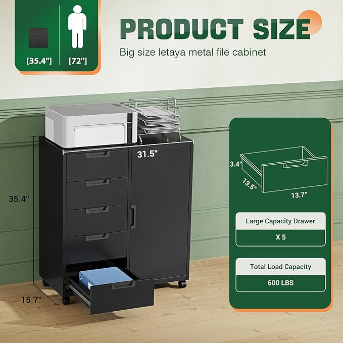 Letaya 5 Drawer Storage Cabinet Mobile Printer Stand for Home OfficeDresser Chest with Shelves and Door(Black)