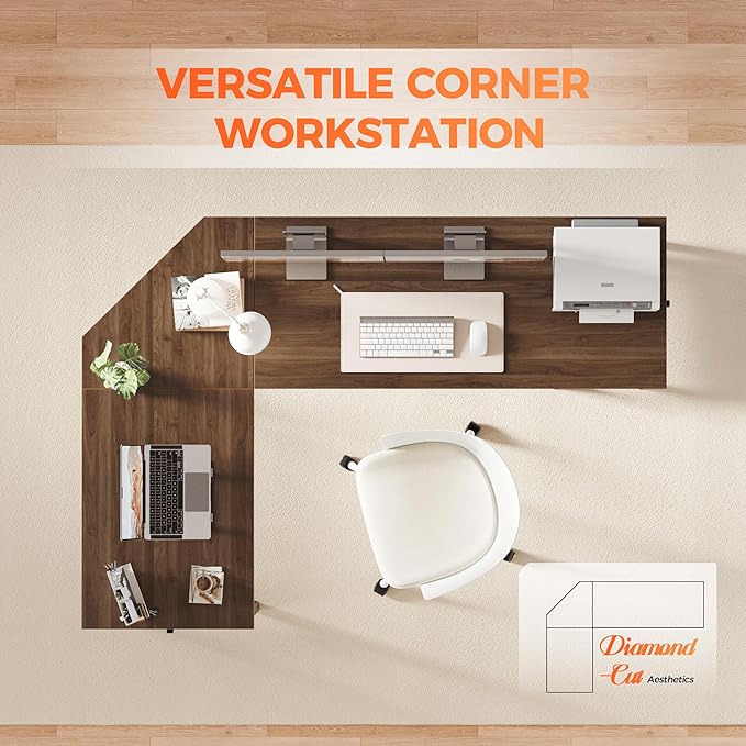 Mericonia 66 inch Large L Shaped Desk Simple Corner Gaming Desk with CPU Stand &amp Hooks Computer Desk for Home Bedroom &amp Office Workspace Walnut