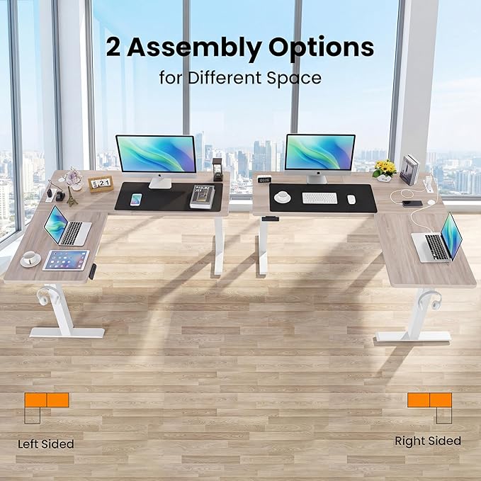 farexon 63x55 Inch L Shaped Standing Desk with Outlets Electric Adjustable Height Stand Up Desk Corner sit Stand Desk with Mouse Pad Hook Home Office Writing Gaming Computer Workstation Oak Grey