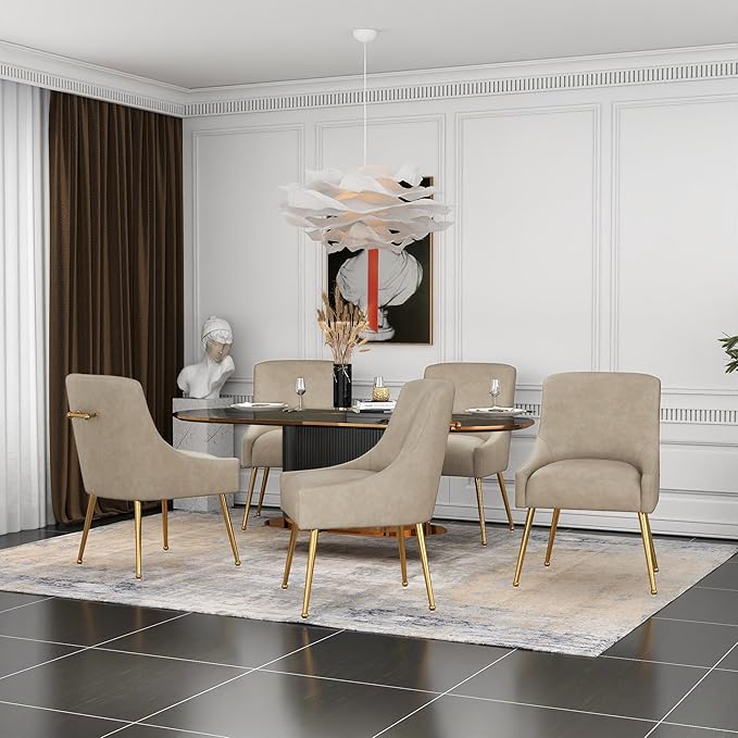 Dining Room Chair Faux Leather Vanity Chairs Set of 2 Mid-Century with Metal Legs Upholstered PU Leather Luxury Accent Chairs Living Room Restaurant(Dark Apricot)